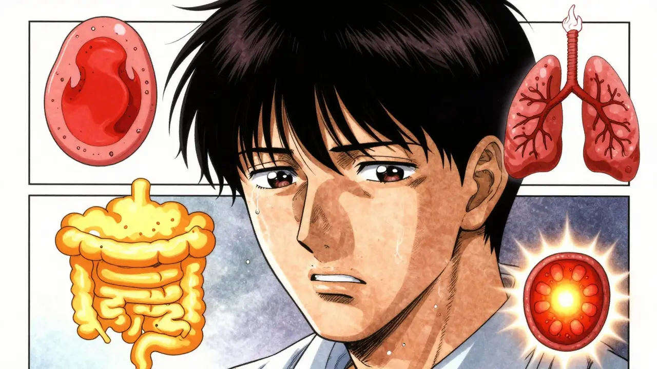 Manga character with floating organ symptom icons