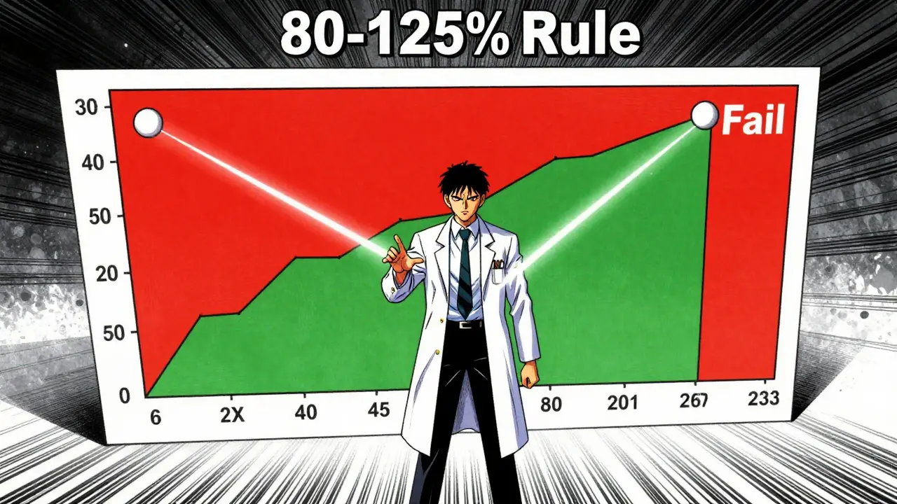 Manga-style depiction of regulatory statistics and bioequivalence rules