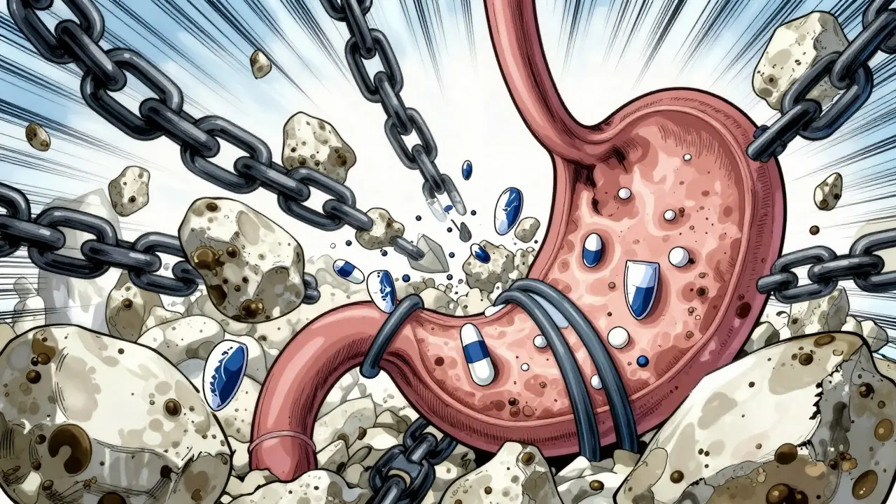 Microscopic view of calcium binding to bisphosphonate drugs in stomach