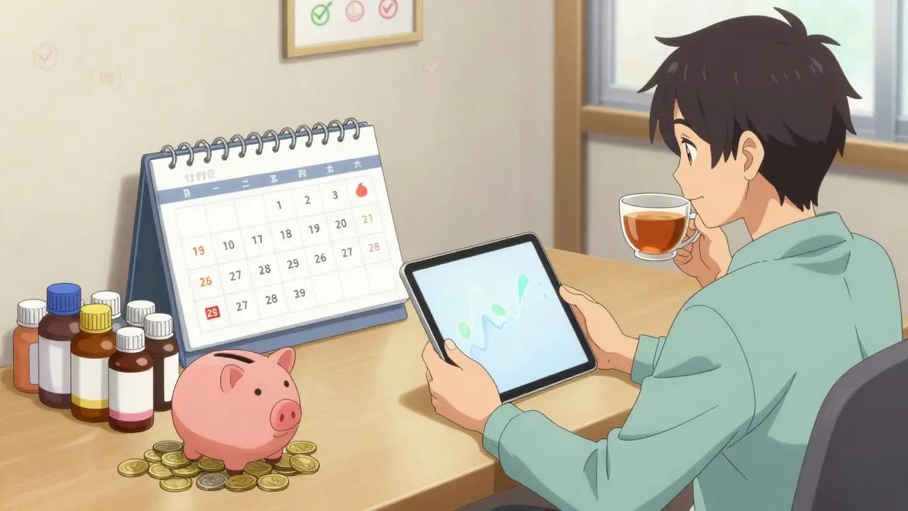 Relaxed person with generic meds and savings on a tidy desk