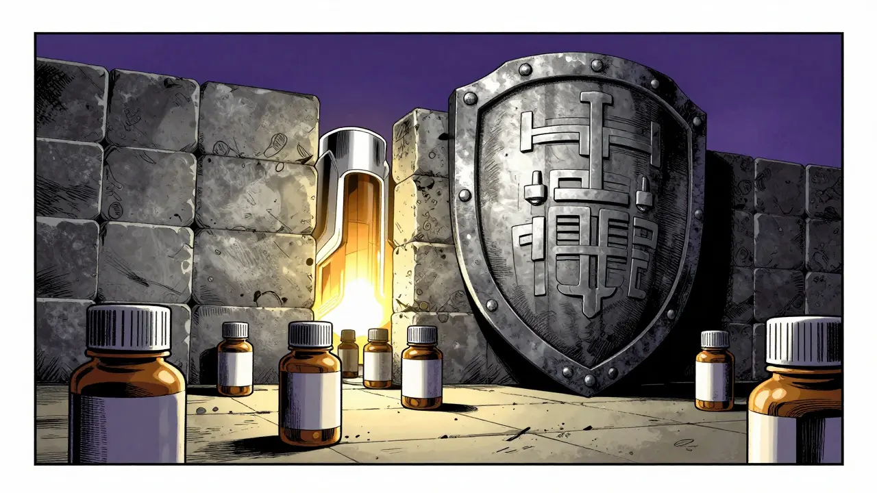 Stone shield blocking generic pills, protecting glowing originator drug