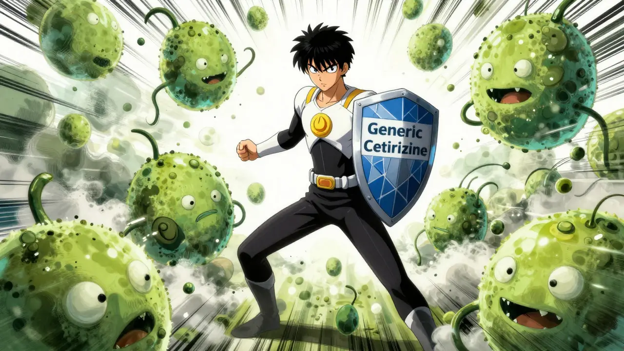 Superhero defending against giant pollen monsters in manga style