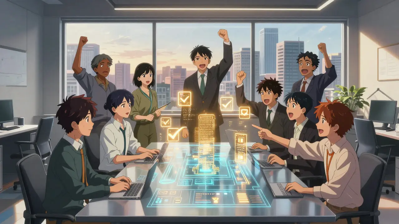 Team celebrates successful data correction around a glowing hologram