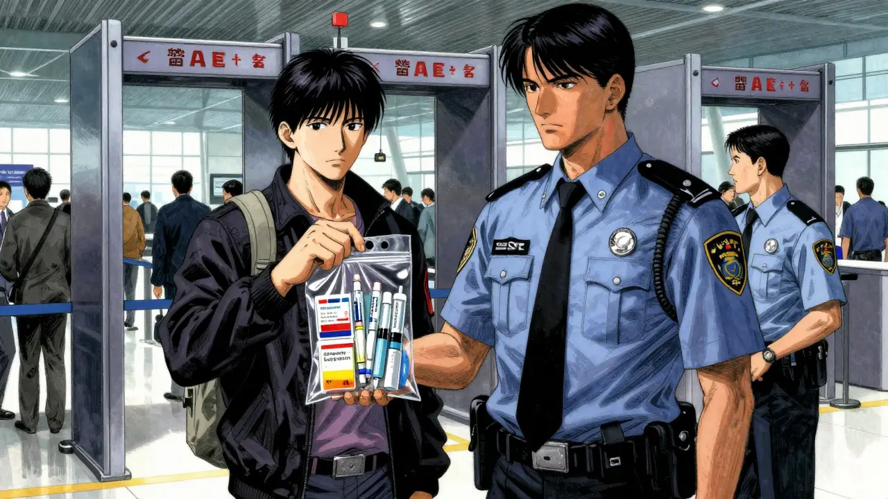 Traveler declaring liquid medication and insulin at airport security checkpoint