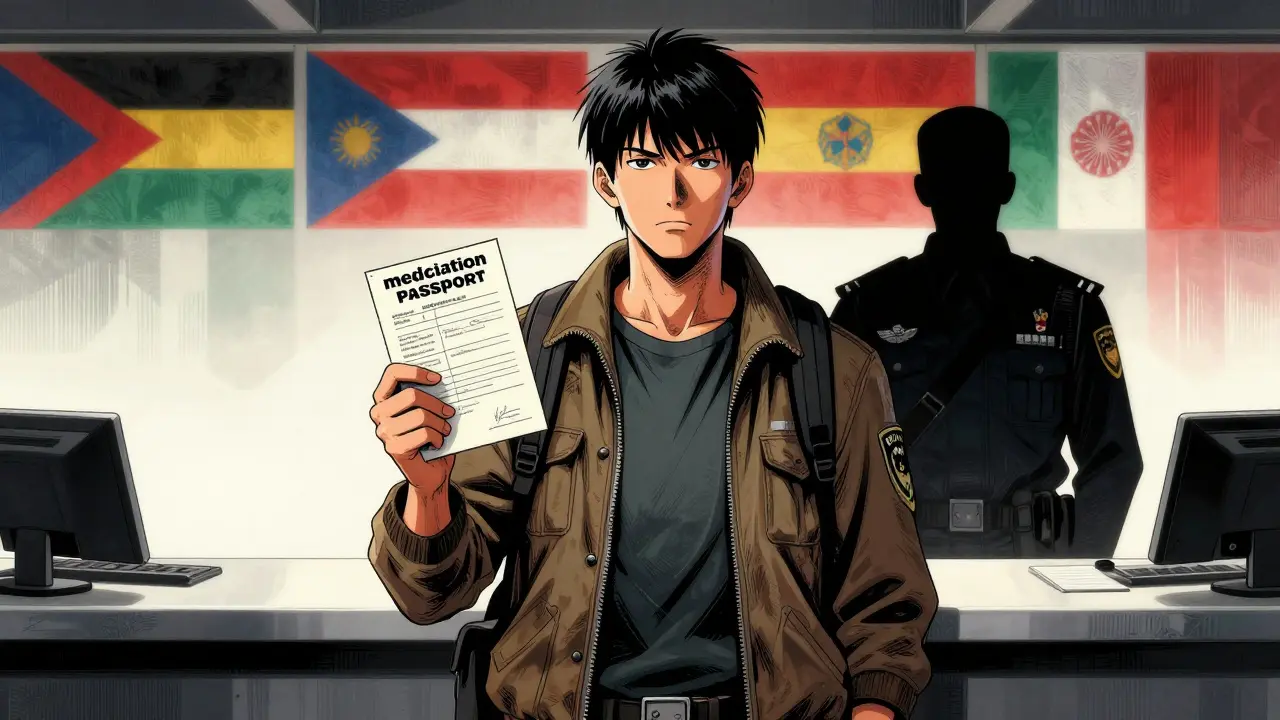 Traveler presenting medication passport and doctor letter at border control
