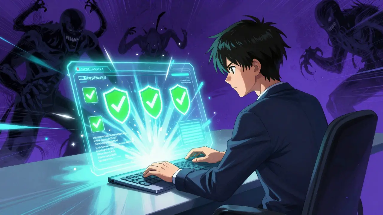 User verifying online pharmacy safety with glowing green shields