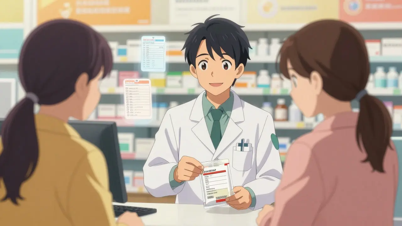 Anime scene of a pharmacist handing a prescription to a relieved patient