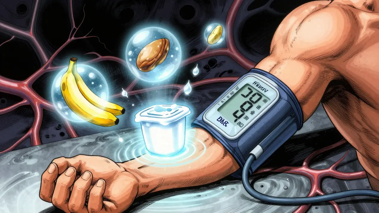 Boichi-style anime concept art showing blood pressure reduction via mineral-rich foods