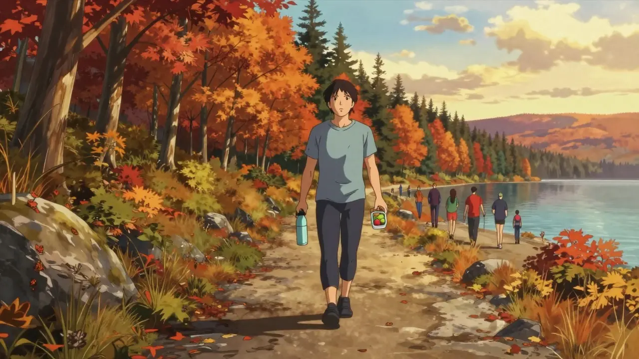 Boichi-style anime illustration of a person walking on a Canadian trail with healthy snacks