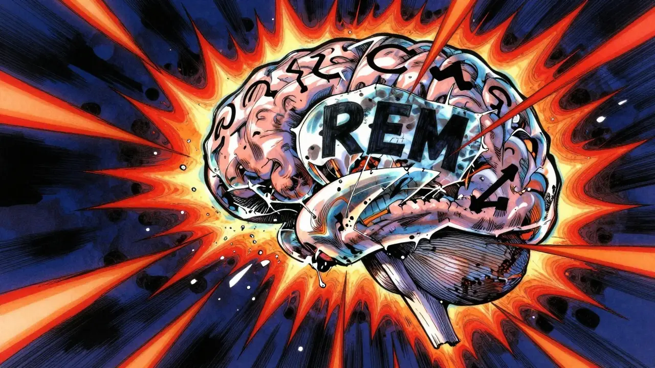 Chaotic anime illustration of brain hyperarousal shattering sleep structures
