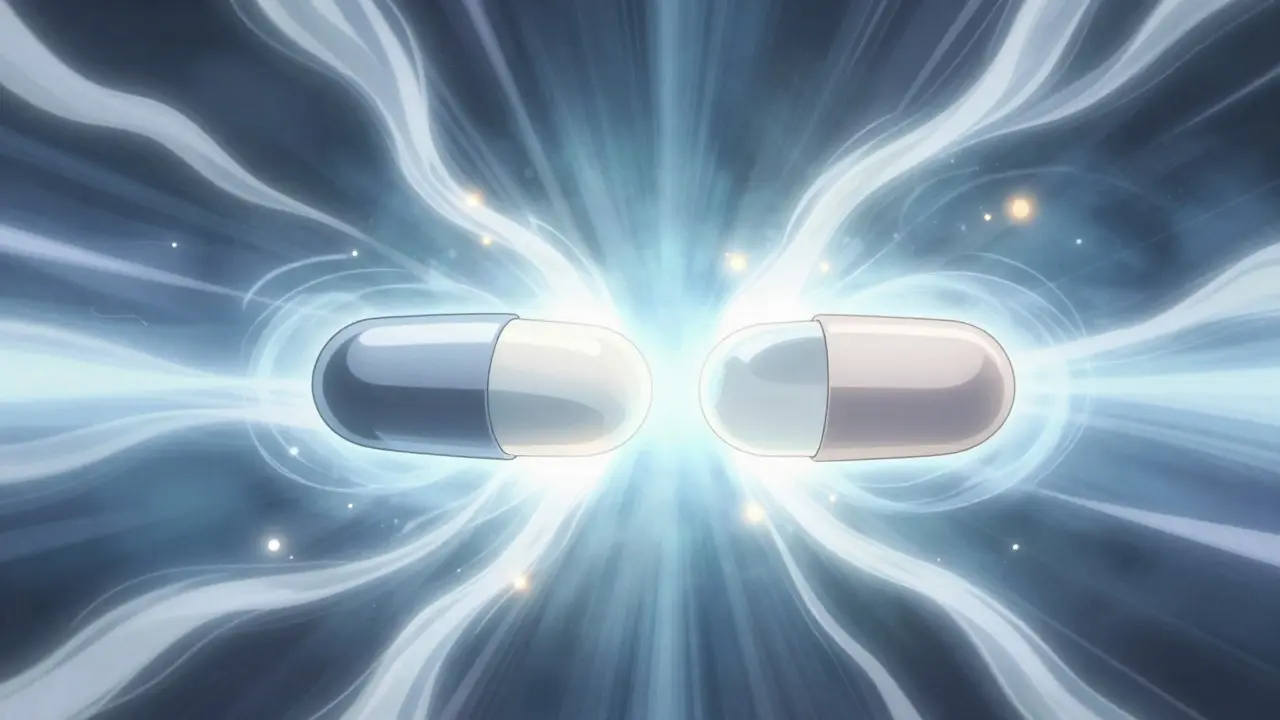 Conceptual illustration showing identical chemical structure inside different drug containers