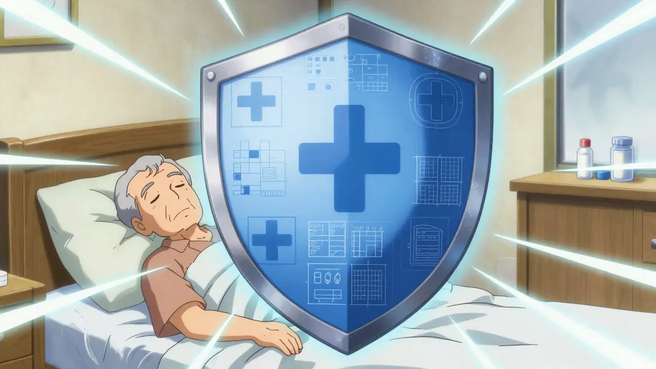 Conceptual shield protecting senior from medication errors