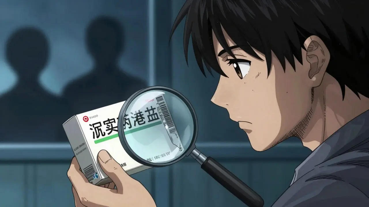 Consumer inspecting medicine seal for safety in intense manga style