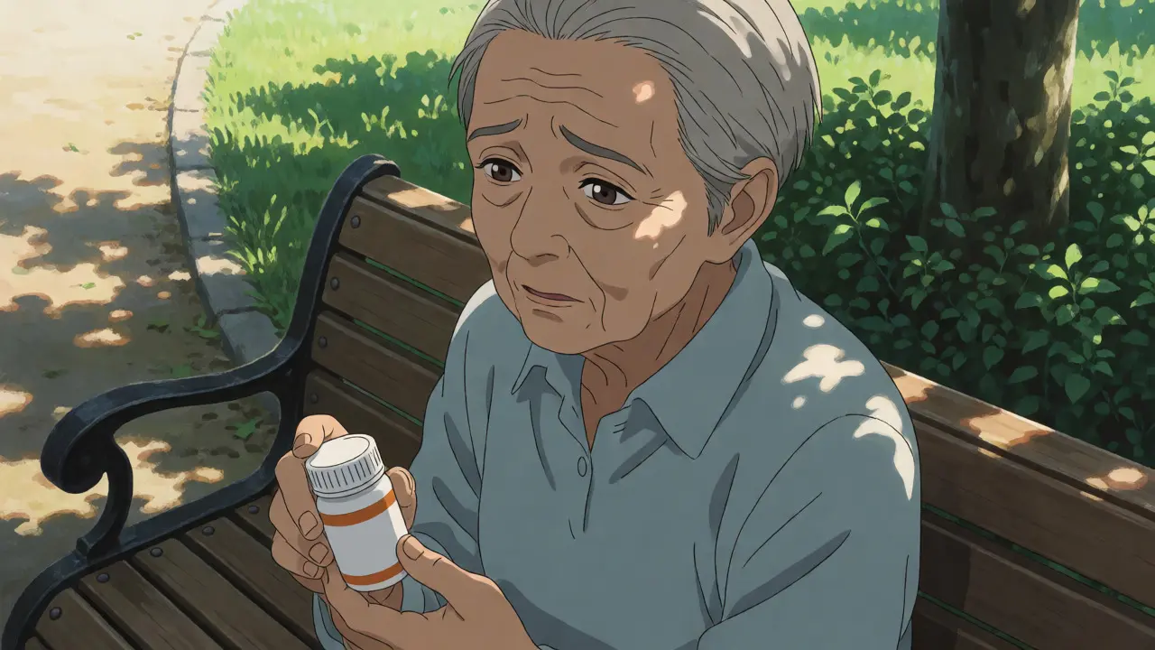 Elderly patient holding medication with concerned expression