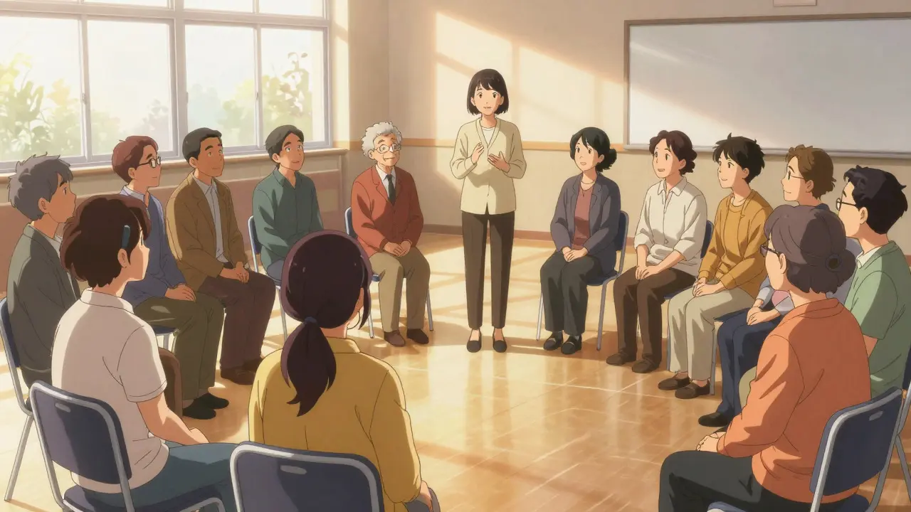 Group of people sitting in a circle in a sunny room during a support workshop