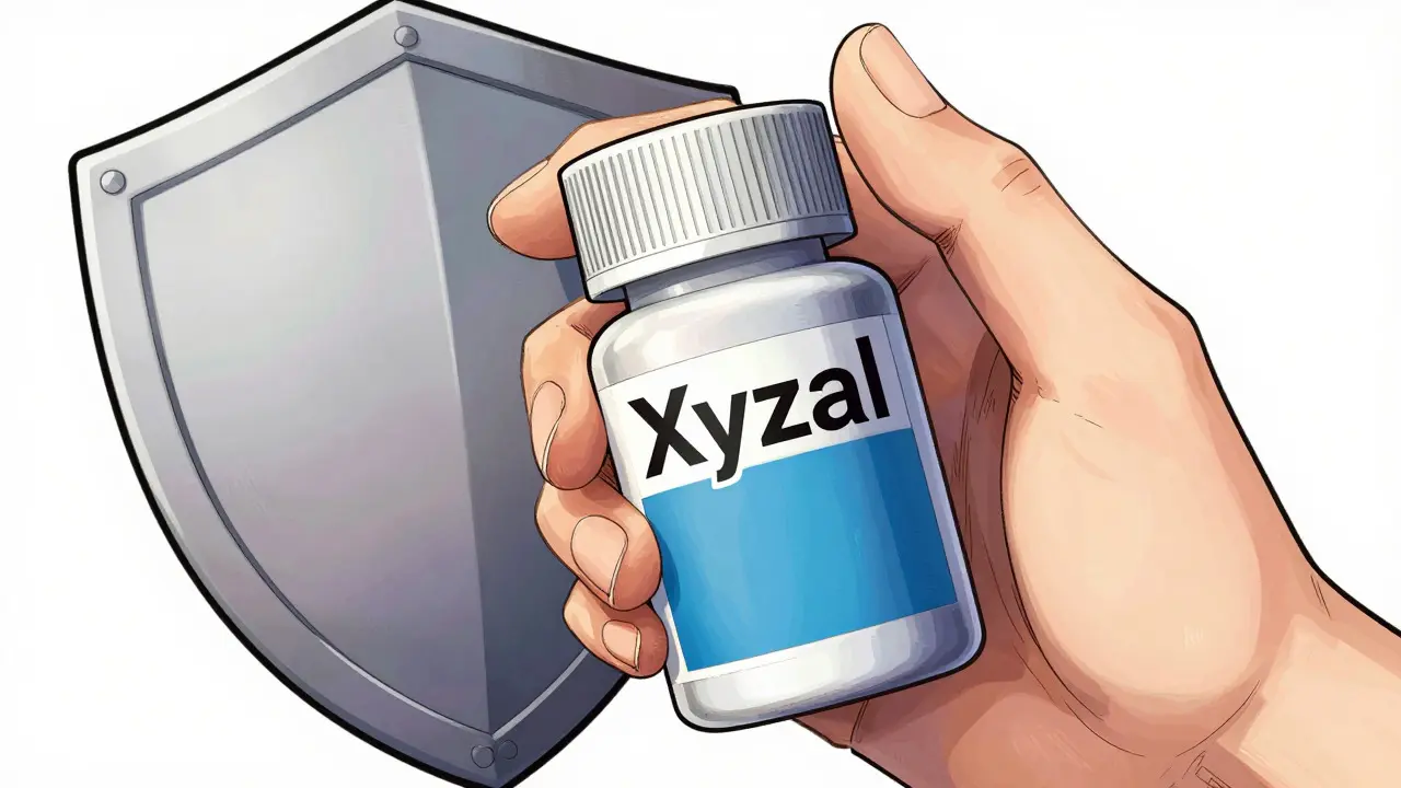 Hand holding Xyzal bottle with protective shield motif in anime art