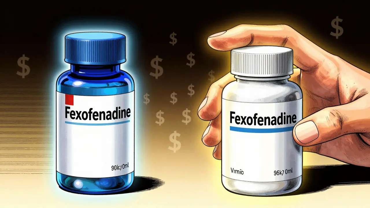Manga illustration comparing cheap generic pills to expensive brand-name medication.