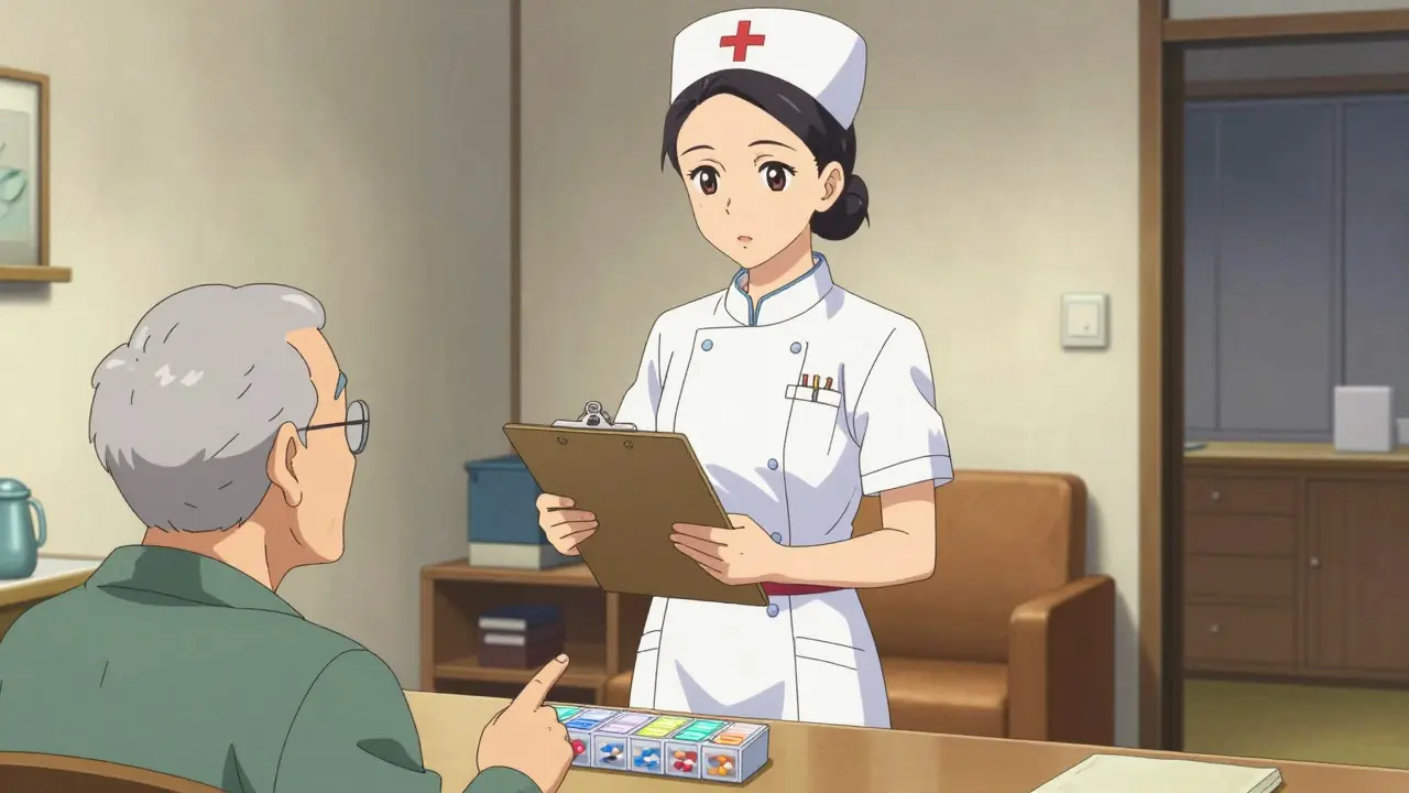 Nurse helping senior organize medications with pillbox