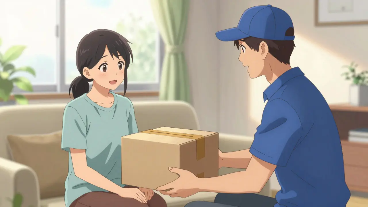Patient receiving a medication package at their door in a bright, sunny living room