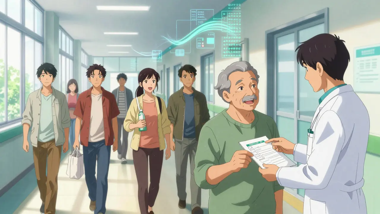 Patients walking confidently in a hospital corridor while a pharmacist explains medication details