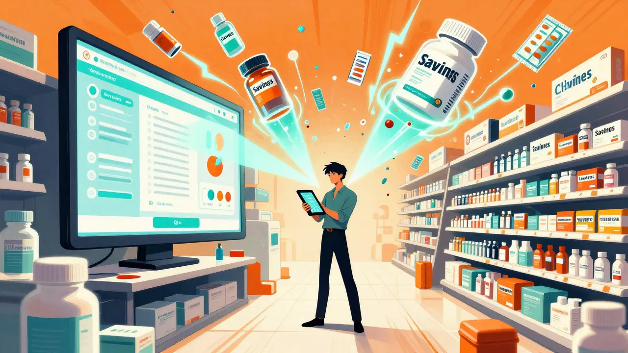 Stylized illustration of floating medicine bottles connected by light beams, symbolizing online comparison