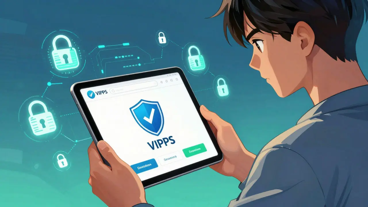 User securely accessing verified online pharmacy with safety shield icon
