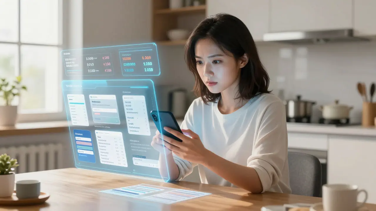 Woman comparing online pharmacy prices on a phone in Boichi style