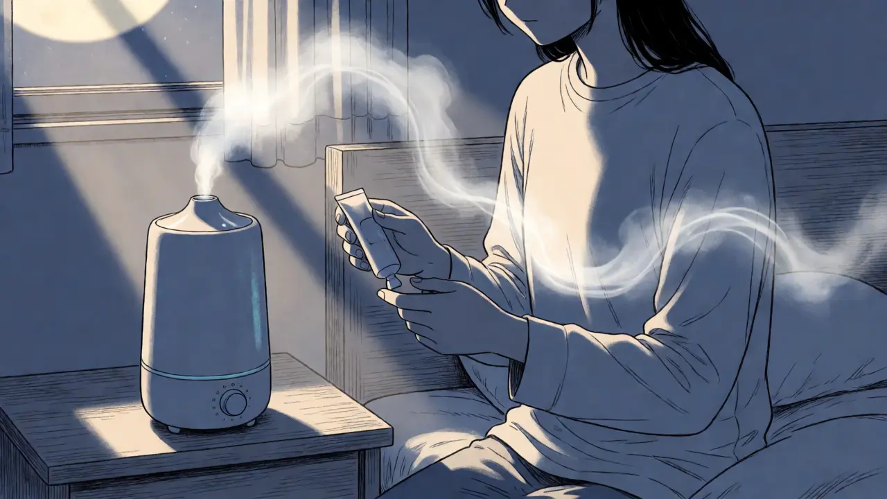 Character using humidifier and gel for night-time dry mouth relief