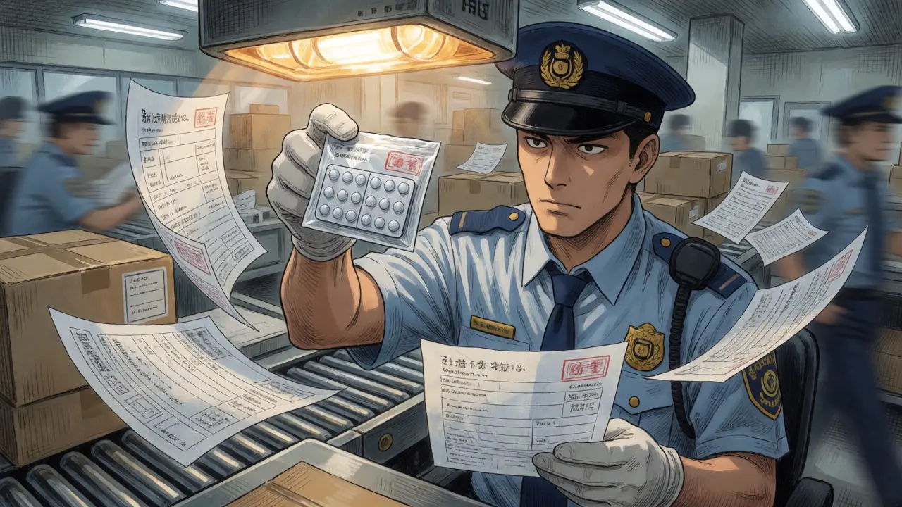 Customs officer inspecting a package of imported medication under bright light.