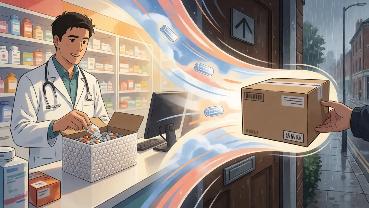 Illustration of medication traveling from an overseas pharmacy to a UK doorstep.