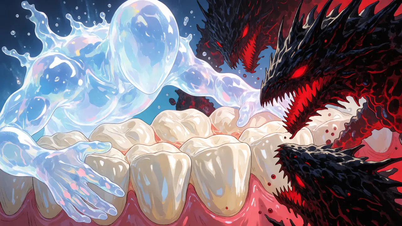 Protective saliva spirit fighting acid bacteria in manga art
